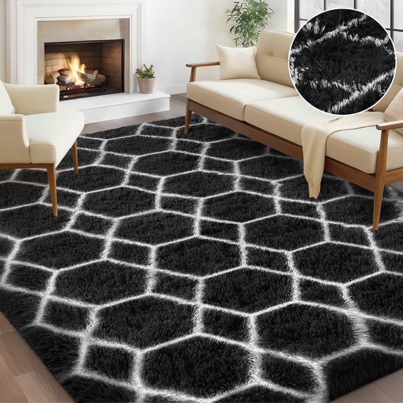 Nefoso Shag Geometric Area Rug, 4ft x 6ft Soft Fluffy Area Rugs for Living Room Bedroom Decor Carpet, Black & White
