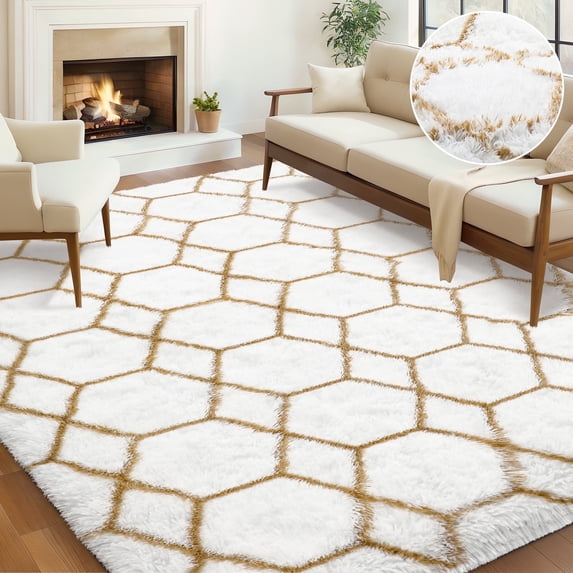Nefoso Shag Geometric Area Rug, 4ft x 6ft Soft Fluffy Area Rugs for Living Room Bedroom Decor Carpet, White & Camel