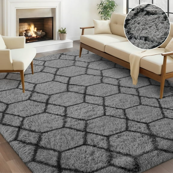 Nefoso Shag Geometric Area Rug, 5ft x 8ft Soft Fluffy Area Rugs for Living Room Bedroom Decor Carpet, Gray & Black