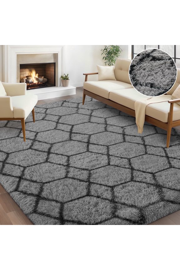 Shag Geometric Area Rug, 5ft x 8ft Soft Fluffy Area Rugs for Living Room Bedroom Decor Carpet, Gray & Black
