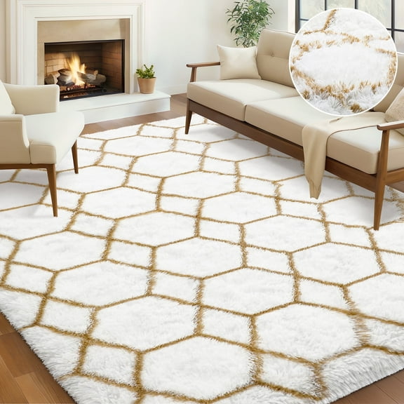 Nefoso Shag Geometric Area Rug, 5ft x 8ft Soft Fluffy Area Rugs for Living Room Bedroom Decor Carpet, White & Camel