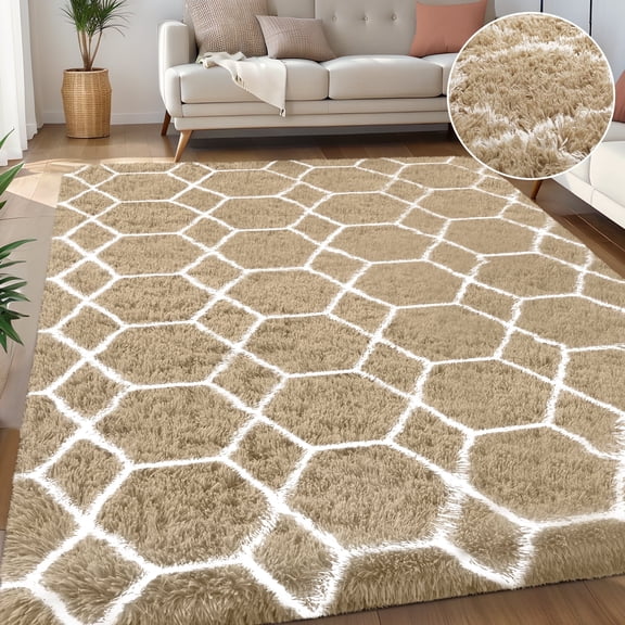 Nefoso Shag Geometric Area Rug, 8ft x 10ft Soft Fluffy Area Rugs for Living Room Bedroom Decor Carpet, Camel & White