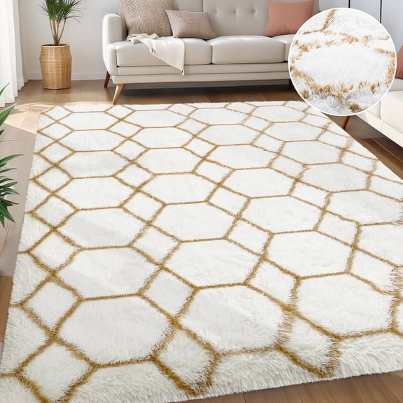 Nefoso Shag Geometric Area Rug, 8ft x 10ft Soft Fluffy Area Rugs for Living Room Bedroom Decor Carpet, White & Camel