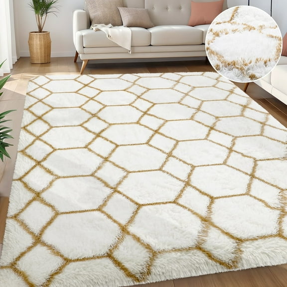 Nefoso Shag Geometric Area Rug, 8ft x 10ft Soft Fluffy Area Rugs for Living Room Bedroom Decor Carpet, White & Camel