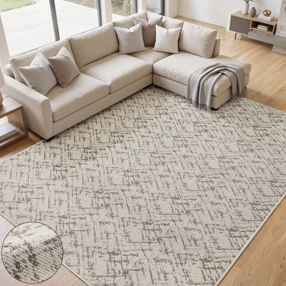 Nefoso Washable Area Rugs, 8ft x 10ft Non-Slip Non-Shedding Polypropylene Rug Cotton Backing Durable Water-Resistant Carpet for Living Room Bedroom Dining Room, Beige & Brown