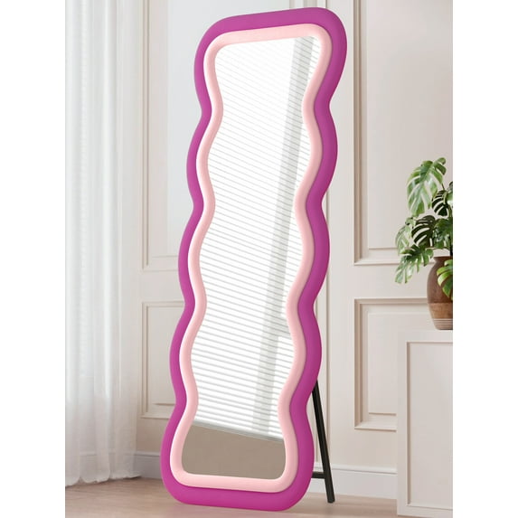 Nefoso Wavy Full Length Mirror, Freestanding Floor Mirror with Stand, 65"x24" Wall Mounted Mirror for Bedroom,Pink