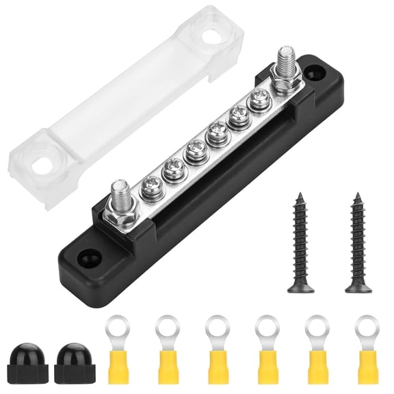 Negative Bus Bar 12V, Marine Gound Battery BusBar Power Distribution Block, with 2X M6 Studs 6X M4 Screws Terminals, for Automotive Car Boat Caravan RV