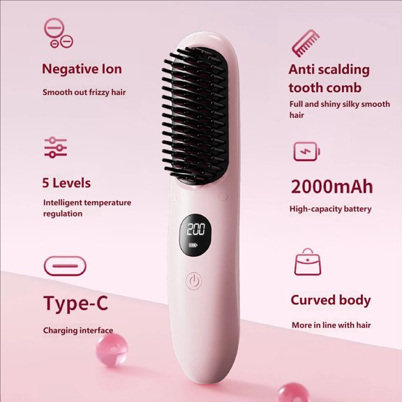 Negative Ion Hair Straightening Brush Ceramic Cordless Styling Brush With 5 Temperature Levels Anti-Scald Design For Travel And Daily Hair Care(Pink-8.5In)