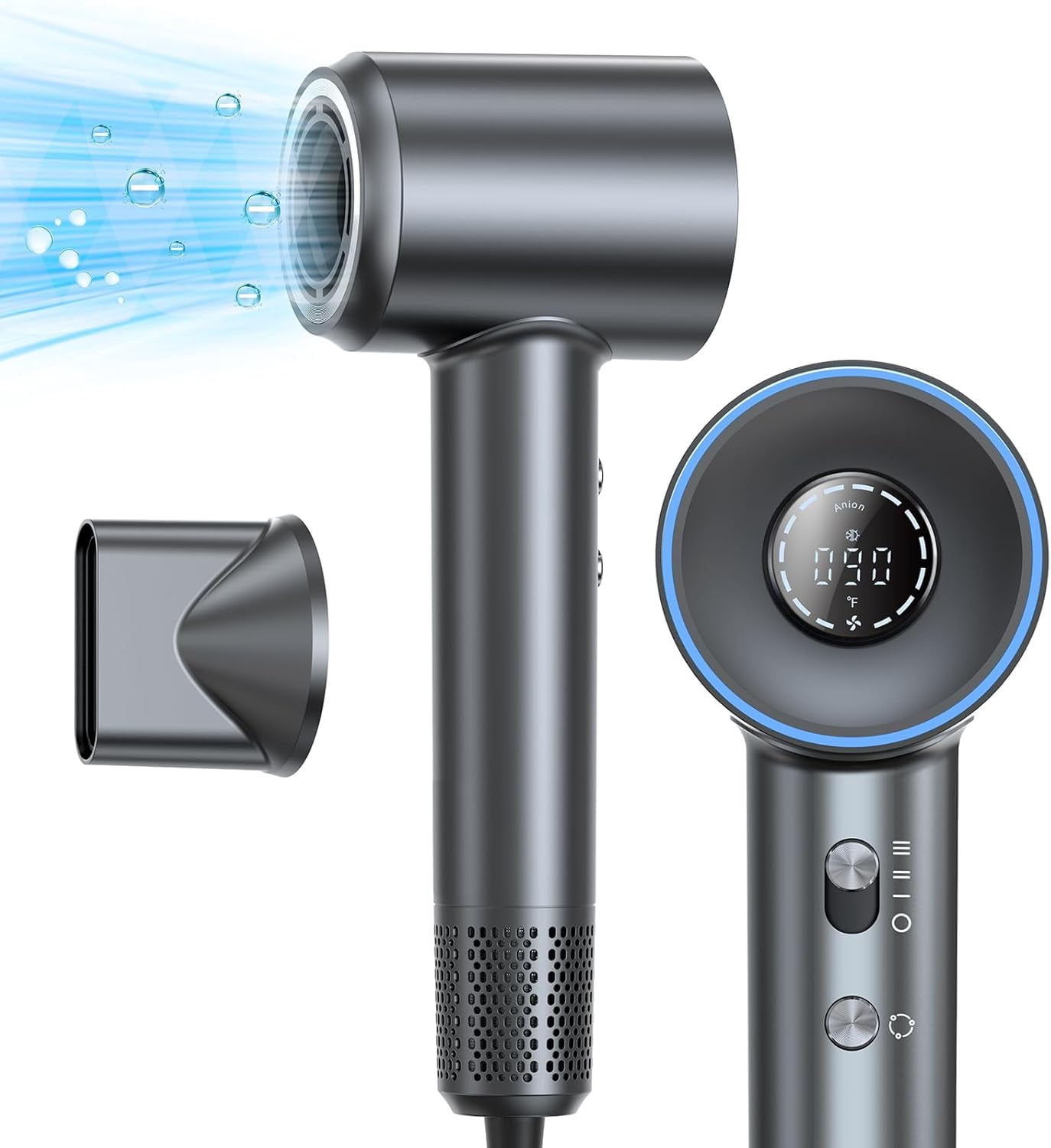 Negative Ionic Hair Dryer, 1400W, Professional, High Speed Hairdryer, Fast Drying, 3 Speeds, 5 Temps, HD Display, Low Noise, Blow Dryer, Home Salon, Grey