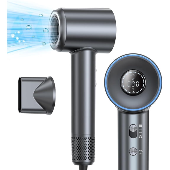 Negative Ionic Hair Dryer, 1400W, Professional, High Speed Hairdryer, Fast Drying, 3 Speeds, 5 Temps, HD Display, Low Noise, Blow Dryer, Home Salon, Grey
