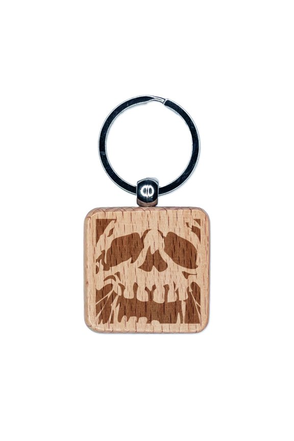 Negative Skull Spooky Bone Face Halloween Square Keychain Charm Tag - Engraved Wood