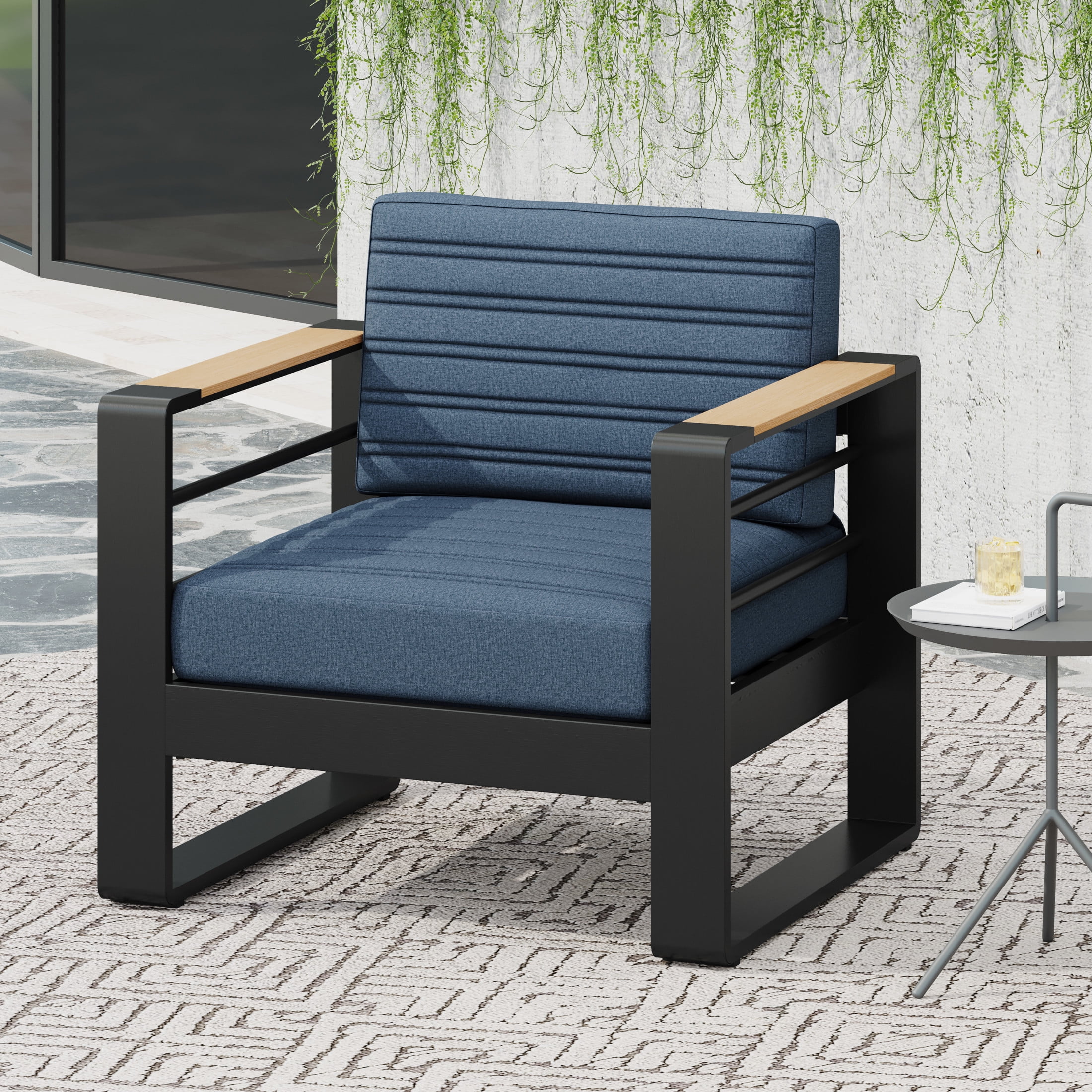 Negley Minimalism Aluminum Outdoor Club Chair with Cushions, Blue