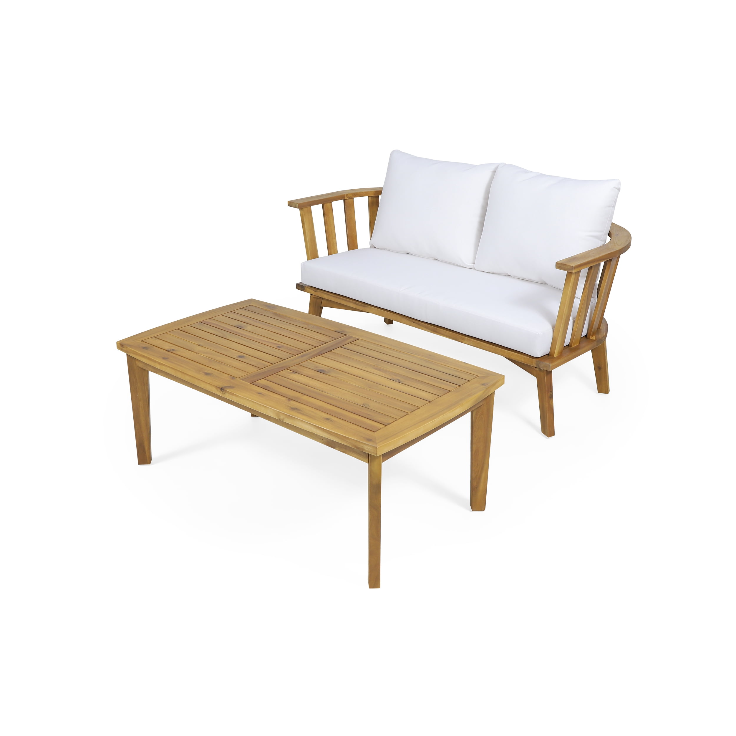 Nehemiah Outdoor Wooden Loveseat and Coffee Table Set, White, Teak Finish