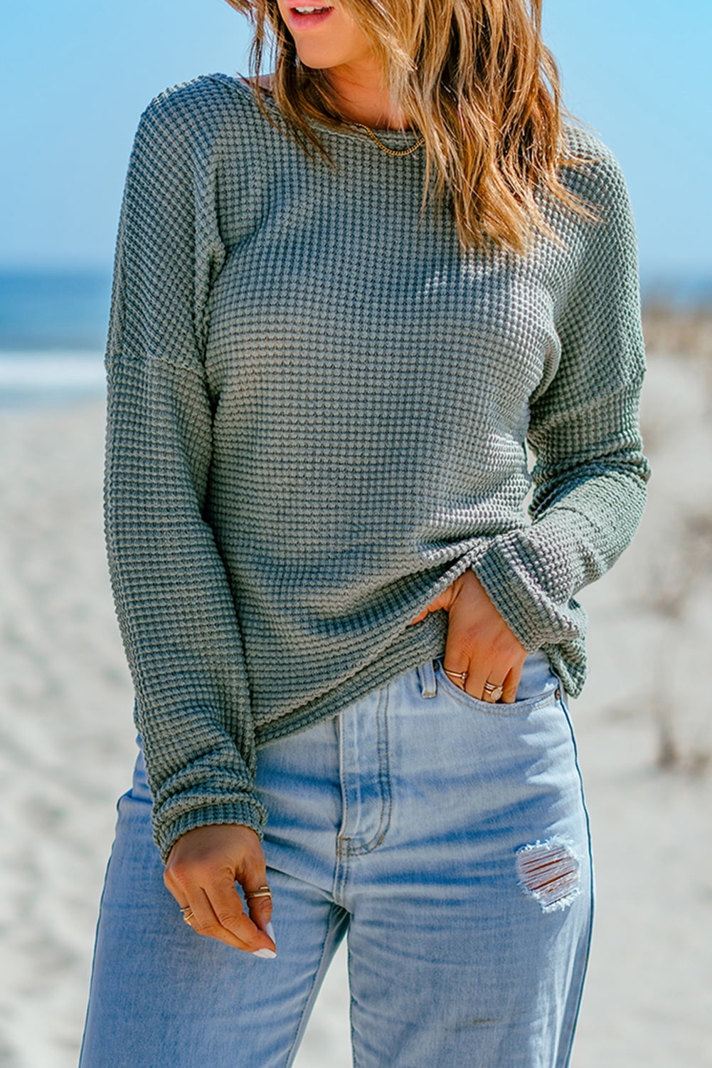 Waffle-Knit Slit Drop Shoulder Top main image 1