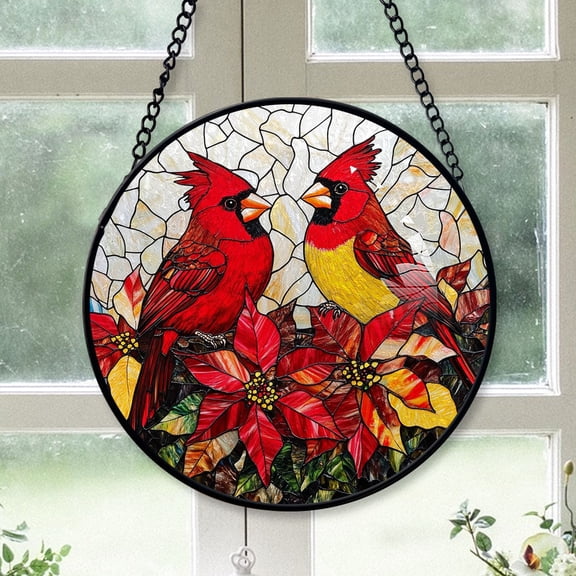 Neighbor Christmas Gift - Love Bird Cardinal Bird Xmas Stained Glass Hanging Ornament - Midnight Blue Winter Holiday Tree Decoration, Gift for Family, Mom & Dad, Friends