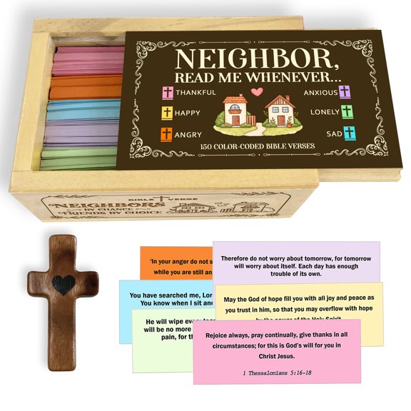 Neighbor Read Me Whenever Bible Verse Box, Maple Wood Christian Encouragement Gift, 150 Color-Coded Scripture Cards with Wooden Cross