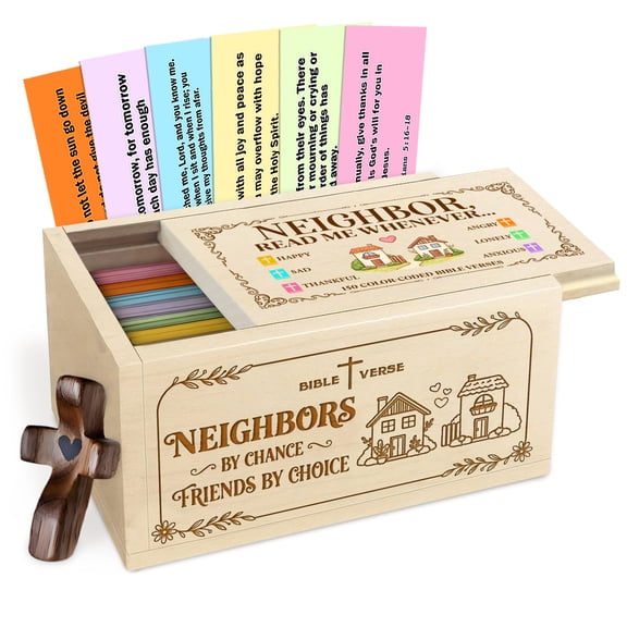 Neighbor Read Me Whenever Bible Verse Box, Maple Wood Scripture Box with 150 Color Coded Bible Verses and Wooden Handheld Cross, Christian Neighbor Gift