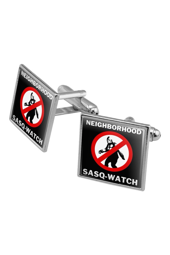 Neighborhood Sasq-Watch Sasquatch Watch Funny Humor Square Cufflink Set - Silver or Gold