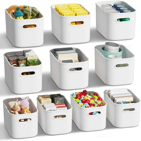 Neighborly Nook 10 Pack White Plastic Storage Bins, Storage Container for Organizing, Storage Boxes with Handle for Shelves, Cute Organizer Bins for Craft, Snacks, Pantry, Cabinet, 9.69x6.7x5.7 inch