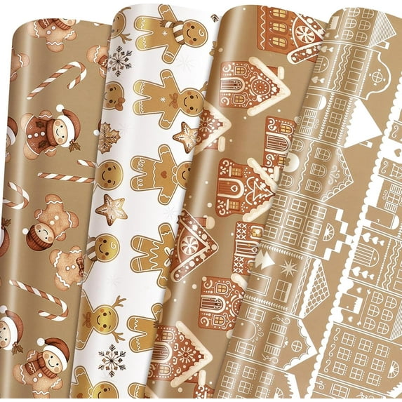 Neighborly Nook 12 Sheet Christmas Wrapping Paper Not Roll Vintage Funny Animal Gift Wrap Folded Flat for DIY Crafts Birthday Holiday Xmas Party Supplies, 20" x 28" (Gingerbread Man,Brown)