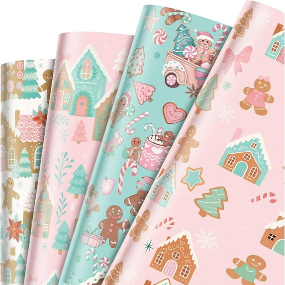 Neighborly Nook 12 Sheet Christmas Wrapping Paper Not Roll Vintage Funny Animal Gift Wrap Folded Flat for DIY Crafts Birthday Holiday Xmas Party Supplies, 20" x 28"(Gingerbread Man,Pastel Color)
