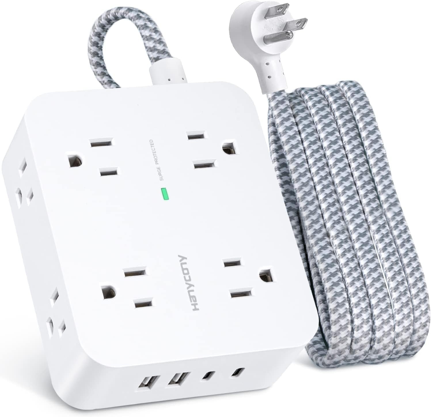 HearthHarmony 6Ft Surge Protector Power Strip with USB C Extension Cord with 8 Outlets(2.2 IN) 4 USB Ports(2 USB C) Flat Plug Wall Mount 3Side Outlet Extender for Home Dorm Room Essentials ETL Listed
