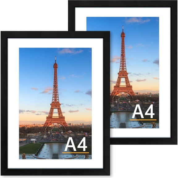 Neighborly Nook A4 Picture Frame Set of 2, Black Photo Frame with HD Plexiglass, Display Pictures 6x8 with Mat or 8.3x11.7 Without Mat Multi Picture Frames Collage for Tabletop or Wall Display