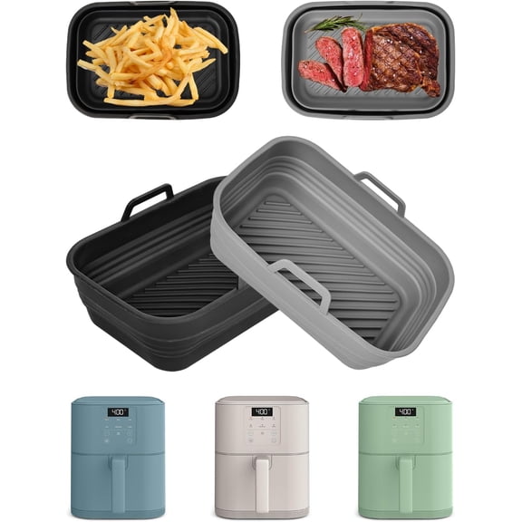 Neighborly Nook Air Fryer Silicone Liners Collapsible 2-Pack for bella 6Qt(5lb) Slim Air Fryer, Reusable Airfryer Silicone Pot Baking Basket Insert Accessories, Non Stick, Easy Cleaning, Gray+Black