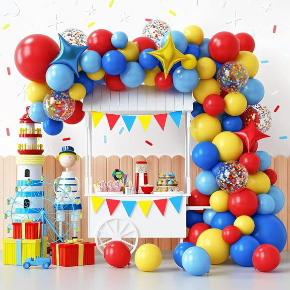 Neighborly Nook Carnival Circus Balloon Garland Arch Kit, 120pcs Red Blue Yellow Primary Color Balloons Rainbow Multicolor Confetti and Star Foil Balloons for Birthday Party Carnival ThemeDecorations