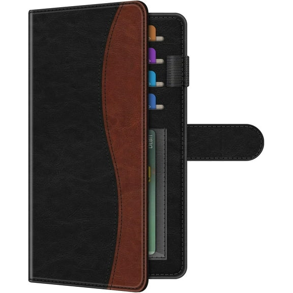 Neighborly Nook Checkbook Cover for Personal Checkbook, RFID Blocking Big Capacity Standard Register Duplicate Checks with Pen Holder, Cards Slots (Black and Brown)