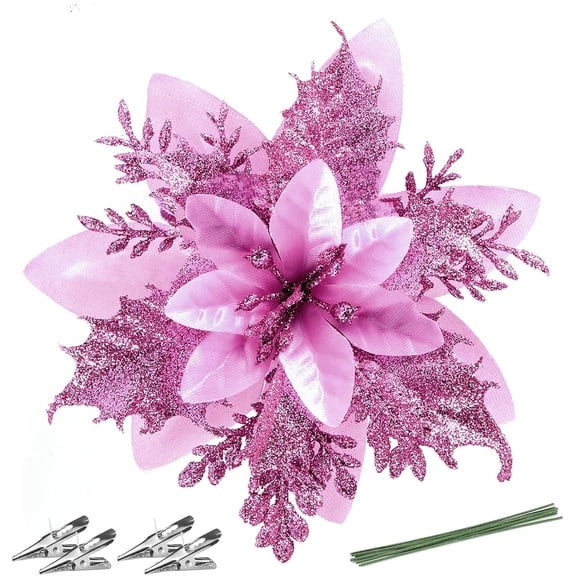 Neighborly Nook Christmas Poinsettia Artificial Flowers 5.5" 12 Pcs Glitter Flower Picks Christmas Tree Wreath Garland Decoration for Xmas New Year Wedding Party Ornaments Purple