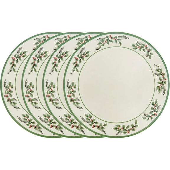 Neighborly Nook Christmas Tree Holly Dinner Plates, Set of 4-10 Inch Stoneware with White Center&Holly Accents - Festive Holiday Tableware,Microwave,Dishwasher&Freezer Safe,Seasonal Dining Essentials