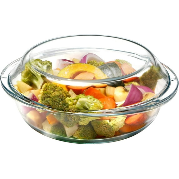 Neighborly Nook Mini-9 inch (60 OZ) Round Glass Casserole Dish With Lid, Round Oven Safe Glass Bakeware with Handles (1.9 QT)