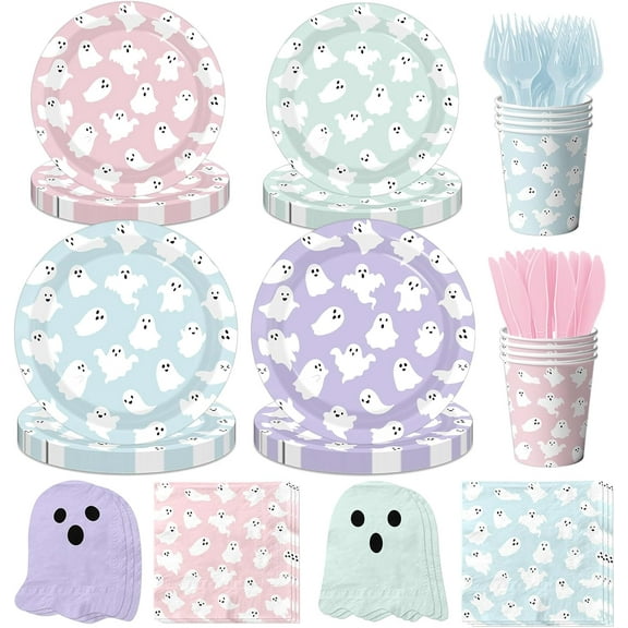 Neighborly Nook Paper Plates Ghost Party Decorations Ghost Plates and Napkins Cups Pastel Halloween Decor Tableware for Ghost Birthday Decorations