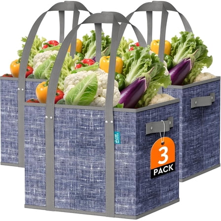 Neighborly Nook Reusable Grocery Bags, Large Foldable Shopping Tote Bags with Reinforced Handles & Hard Bottom,3 Pack,Blue