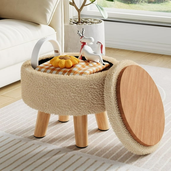 Neighborly Nook Small Pouf Foot Rest Ottoman, Modern Round Storage Ottomans Foot Stool, Cute Boucle Sherpa Nursery Ottoman Stools for Living Room, Beige Teddy Velvet Pouf