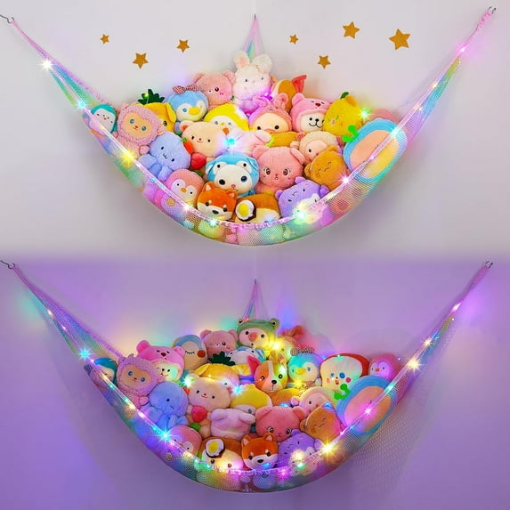 Neighborly Nook Stuffed Animals Net Hammock Kids Toy Storage with LED Light Plush Toy Organizer Corner Hanging Stuffed Animals Holder For Nursery Kids Girls Room Decor