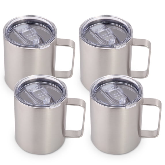 Neihepal 14oz Double Wall Vacuum Insulated Coffee Mug with Leakproof Lid & Handle, 4 Pack, Silver