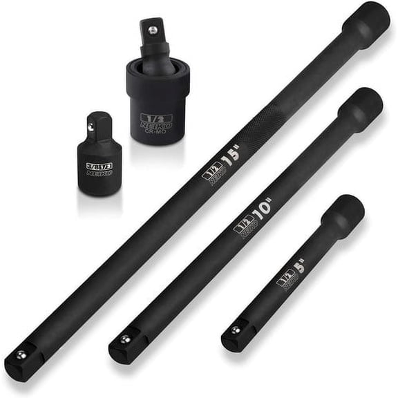 Neiko 00256A 1/2-Inch Drive Impact Extension Bar and Adapter Set, 5-Piece , Includes 5, 10, 15-Inch Extension Bars, Universal Joint, and Reducer