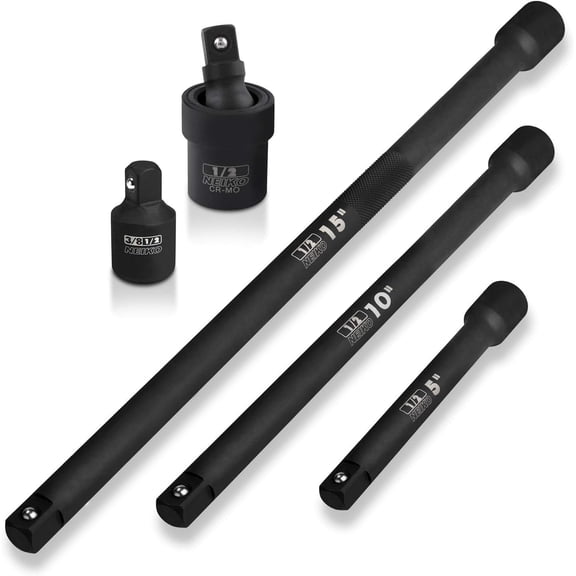 Neiko 00256A 1/2-Inch Drive Impact Extension Bar and Adapter Set, 5-Piece | Includes 5, 10, 15-Inch Extension Bars, Universal Joint, and Reducer