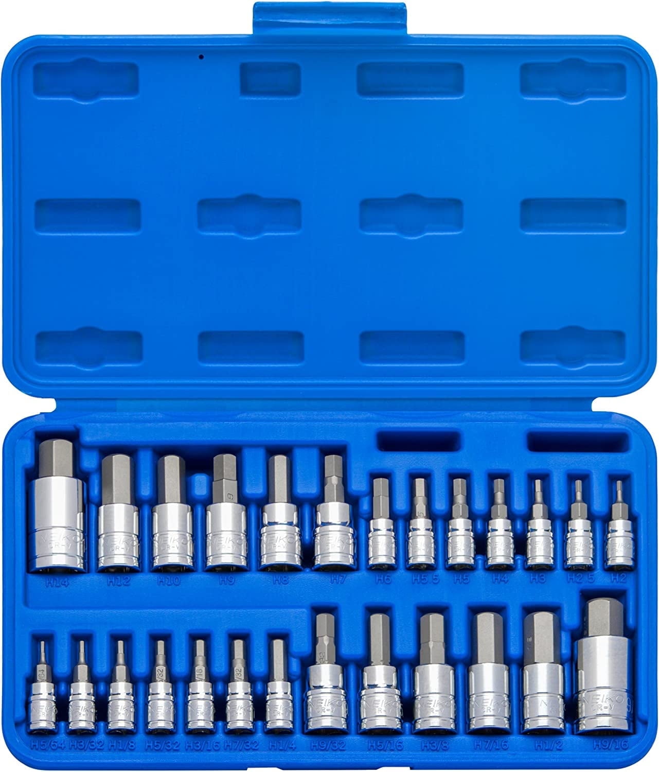 Neiko 01144A Tamper-Proof Hex Bit Socket Set, 26 Pieces | SAE (5/64-9/16”) and Metric (2-14MM)