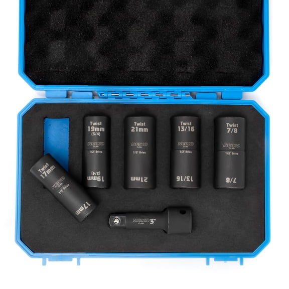 NEIKO 02340A Twist Socket Set, 6 Pc Lug Nut Socket Set, SAE & Metric, 1/2 Inch Dr. Impact Flip Socket Set, 6 Point & Twist Lug Nut Extractor, CR-Mo Steel Wheel Socket Set, 3" Impact Extension Bar