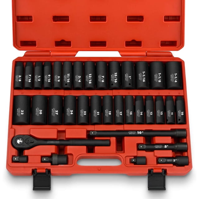 AMM 35-Piece 1/2" Drive Deep Impact Socket Set | SAE & Metric Sizes With Extensions & Adapter | Cr-V Steel, 6-Point