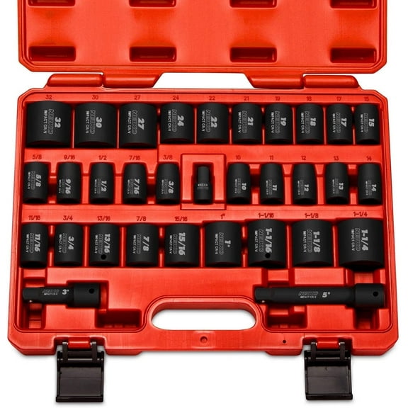 Neiko 02447A 1/2" Drive Master Impact Socket Set, 32 Piece Shallow Socket Assortment | Standard SAE (3/8-Inch to 1-1/4-Inch) and Metric (10-32 mm) Sizes | Cr-V Steel