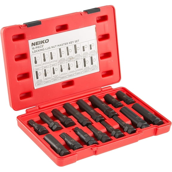 Neiko 02457A Lug-Nut Key Set, Wheel-Lock Removal Tool Kit for Aftermarket and Factory Wheel Tire Keys, SAE and Metric Lug Sockets, 16 Pieces
