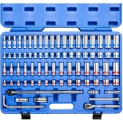 Neiko 02472A 3/8-Inch-Drive Colored Mechanics Tool Ratchet, Socket Set, 76-Piece Standard and Deep SAE Sizes 1/4" to 1" Metric Sizes 6 mm to 24 mm Made with CrV Steel for Auto Repair