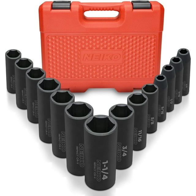 Neiko 02476A 1/2" Impact Socket Set, 14 Piece 6 Point Impact Set, Standard Impact Socket Set, SAE Sizes (3/8-Inch to 1-1/14") Cr-V Steel, Deep Socket Set 1/2 Drive