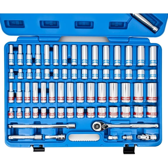 Neiko 02479A 1/2 Inch-Drive Colored Mechanics Tool Ratchet, Socket Set, 68 Piece Standard and Deep SAE Sizes 3/8" to 1-1/4" Metric Sizes 10 mm to 24 mm Made with CrV Steel for Auto Repair