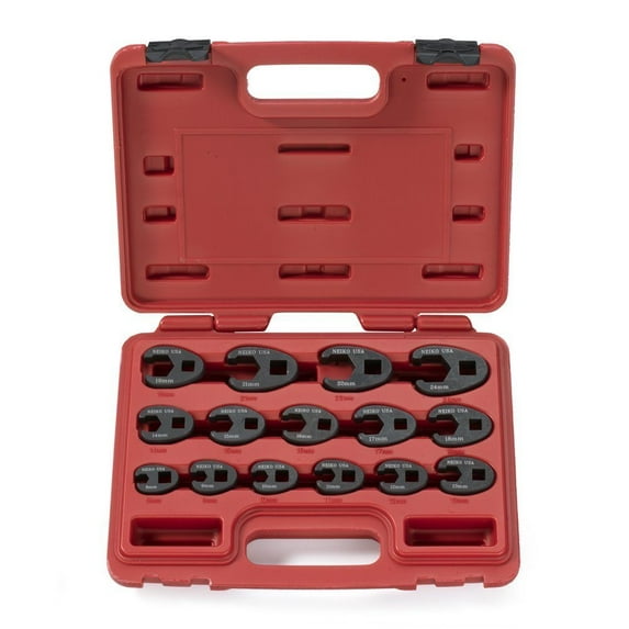 Neiko 03324A Crowfoot Wrench Set 1/2" and 3/8” Drive, 15 Piece, Metric Crows Foot Wrench Sizes 8mm-24mm, Chrome-Moly Flare Nut Wrench Set