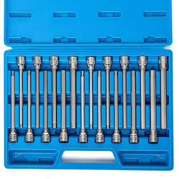 Neiko 10079A Extra Long Allen Hex Bit Socket Set, 18 Piece SAE and Metric Allen Socket Set, 3/8 Drive, 1/8" 3/8 Inch & 3mm 10mm, 6 Long Allen Hex Socket Bit Set, Allen Head Hex Key Socket Set